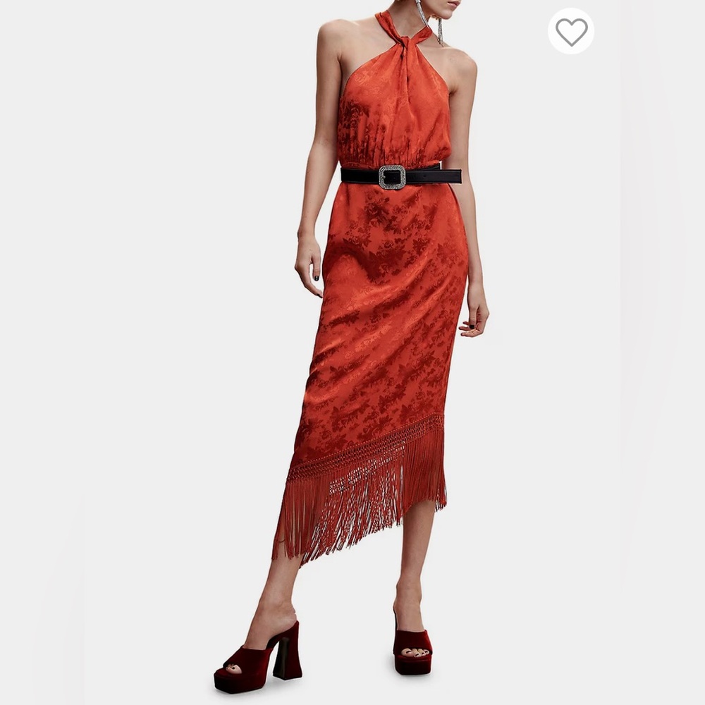 MANGO Fringe-Hem Jacquard Midi Dress